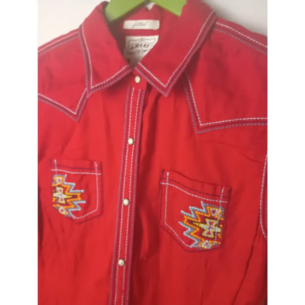 Ariat Women's Red‎ Embroidered Western Shirt Pearl Snaps Rodeo Fitted Long Small